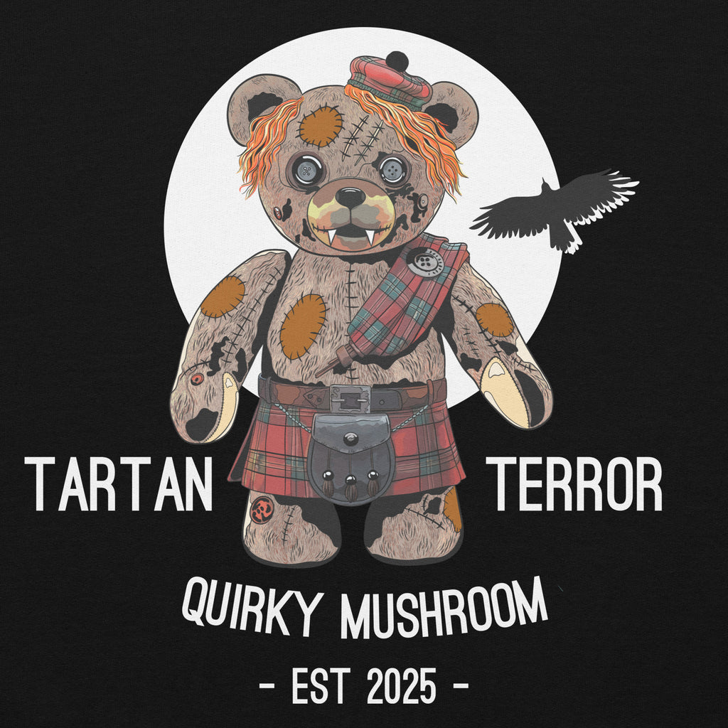 Quirky Mushroom Original Tartan Terror Bear Unisex Hoodie In Black